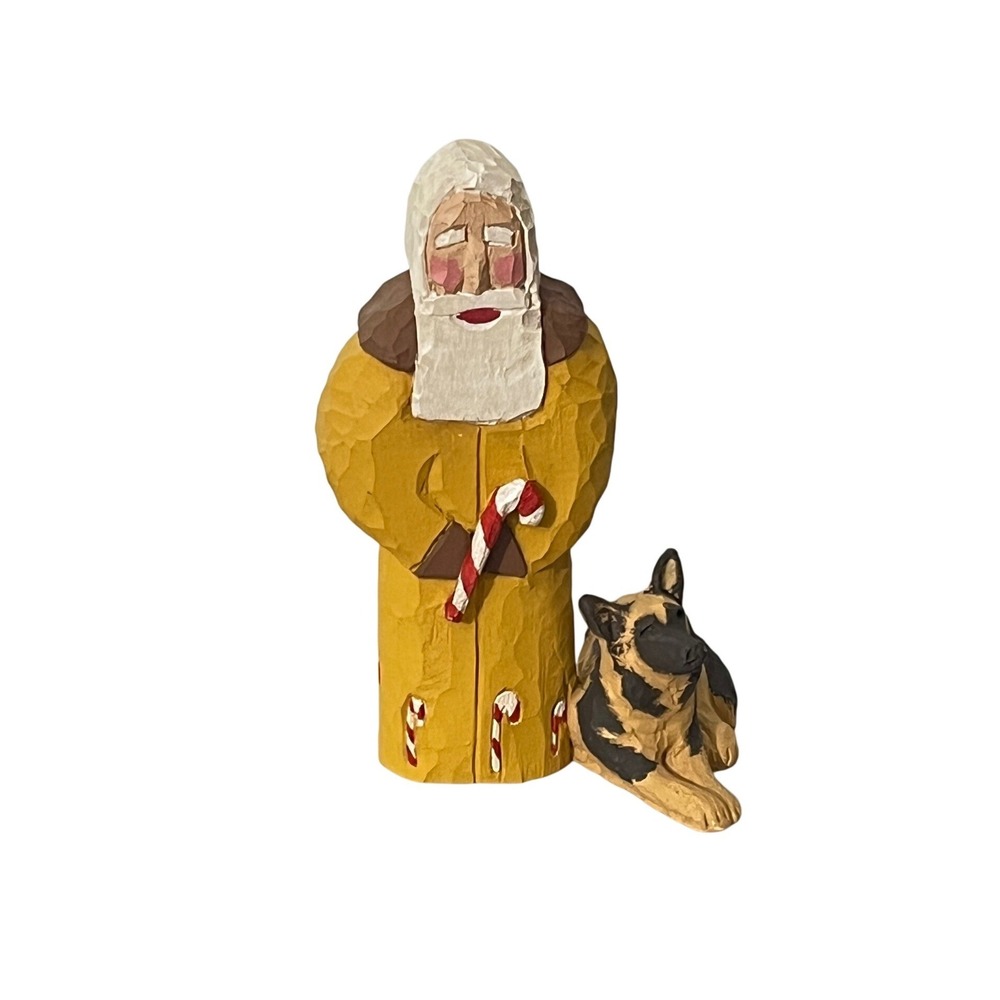 Gunther Lanky Santa Figurine with German Shepherd Yellow Wood Folk Art 6.5"